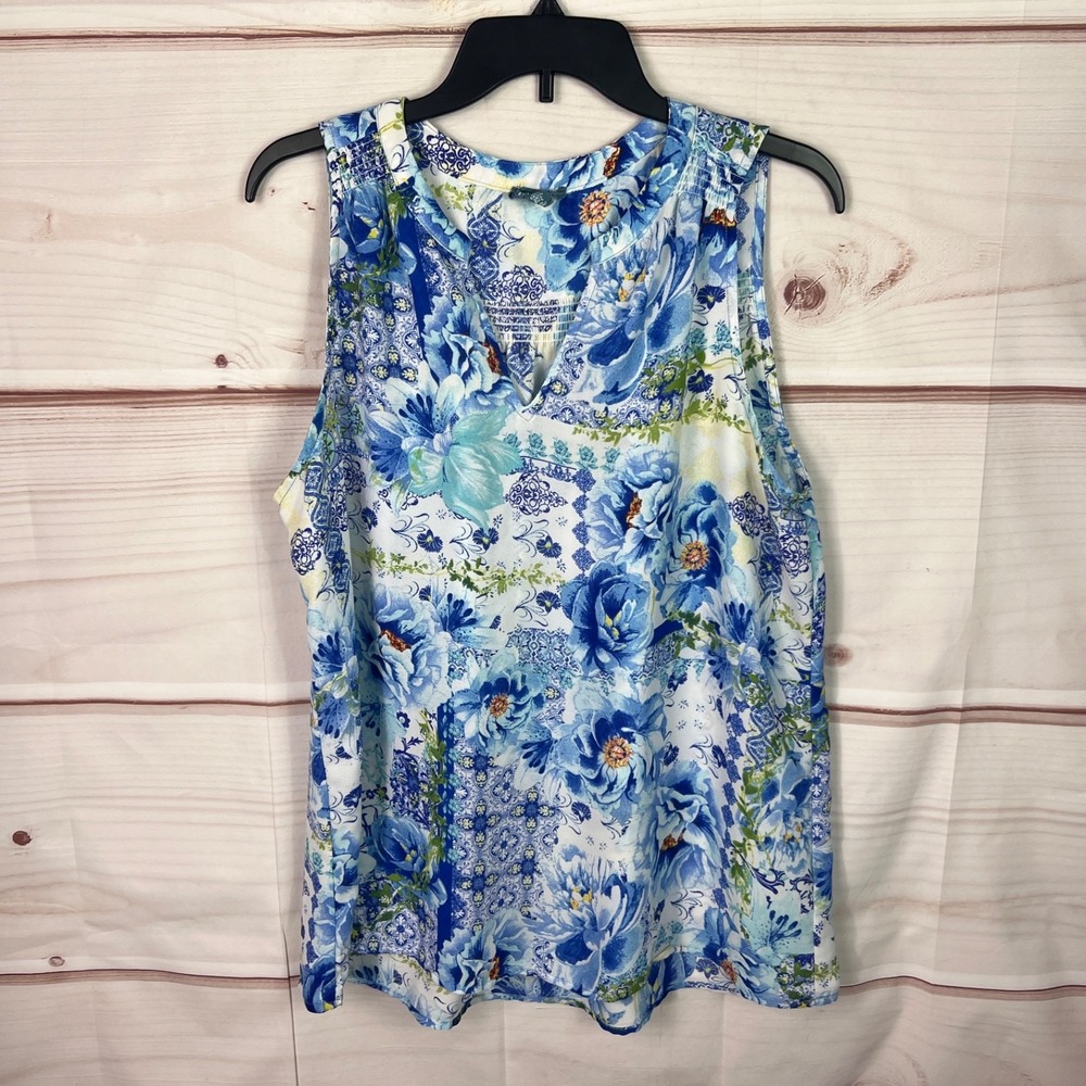 Fleur Bleue Top Womens Large Blue Floral Tank Sleeveless V-Neck Pullover Woven